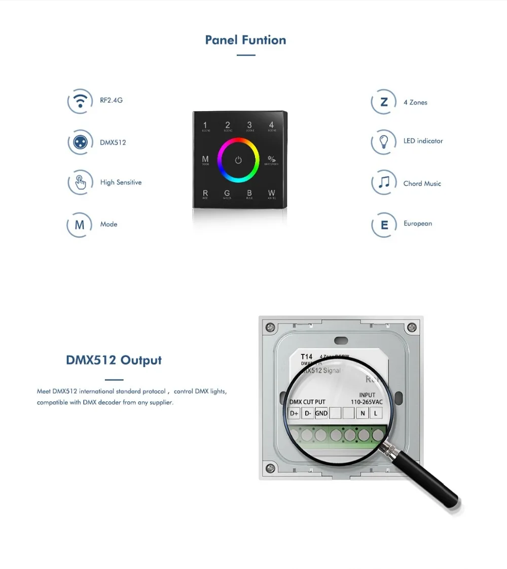 Светодиодный контроллер RGBW, настенная сенсорная панель RF2.4G andDMX master, беспроводной многофункциональный контроллер 100 V-240 V, 4 зоны T14