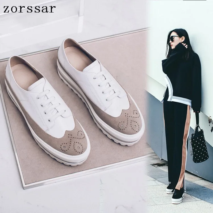 

2019 Spring Woman flats shoes Leather suede platform sneakers women shoes ladies casual lace up flats creepers moccasins