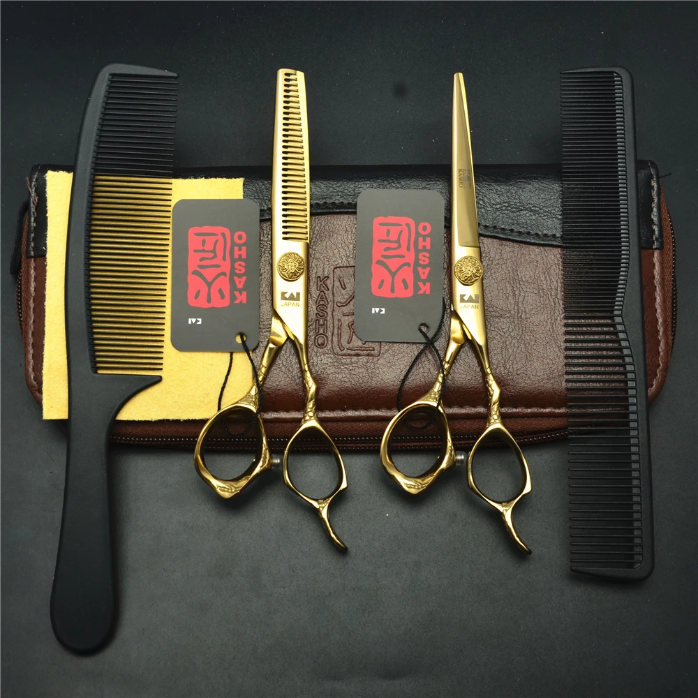 

4Pcs Suit 6'' Golden KASHO Professional Human Hair Scissors Hairdressing Combs+Cutting+Thinning Shears Hair Styling Tools H9001