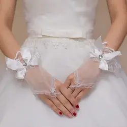 Guantes de Novia дешевые летние белые короткие прозрачные тюлевые Свадебные перчатки без пальцев 1 пара Женские свадебные перчатки с бантом и