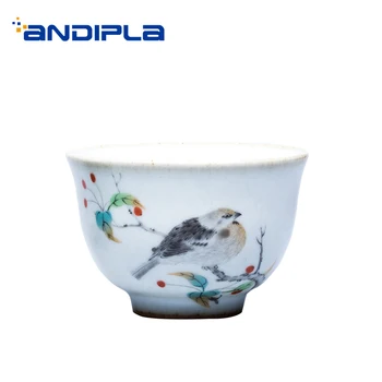 

68/100ML Japanese Style Jingdezhen Handpainted Vintage Bird flower Pattern Tea Cup Home Cha Hai Ceramic Teacup Small Sake Bowl