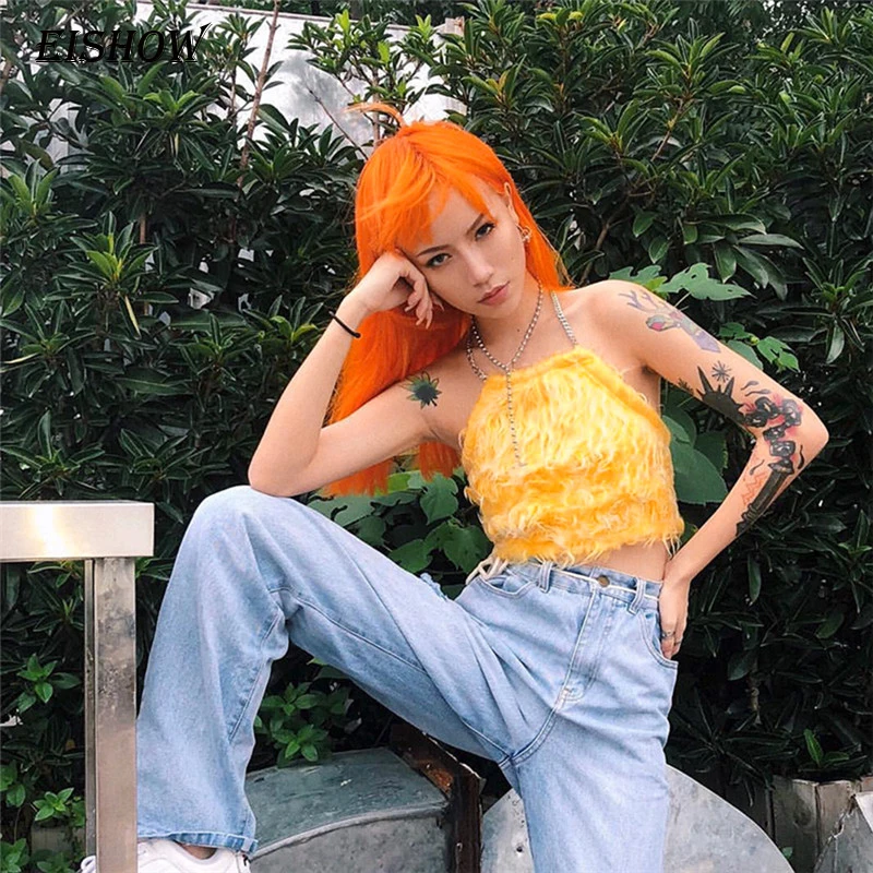 

EISHOW Halter Zipper Crop Top Sexy Women Hairy Casual Tank Bustier Bra Vest Solid Blouse Camisole Cropped Feminino Bralette Tops