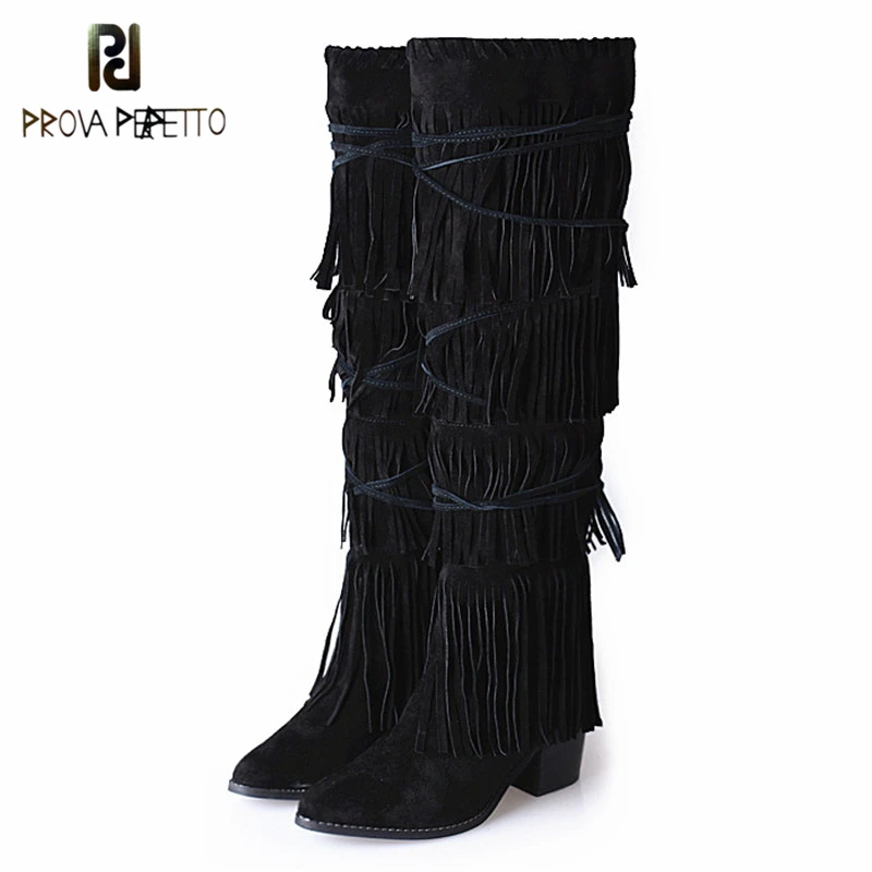 Prova Perfetto European Fashion Suede Leather Shoes Classics Tassel Design Woman Knee Boots Solid Winter Keep Warm Long Boot prova perfetto winter plush in warm boots suede leather bling fringe design over the knee boot solid spike heels knight shoes