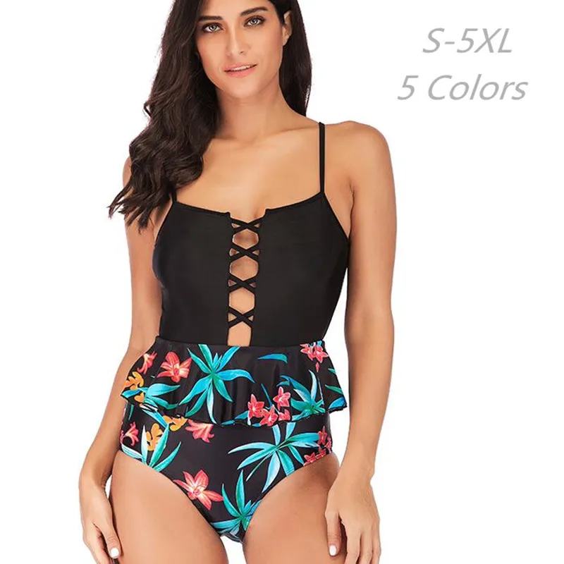 

Ruffle Print Tankini Set High Waist Plus Size Biquini High Cut Out Sexy Women Two Pieces Swimwear Female Big 5XL Bathing Suit