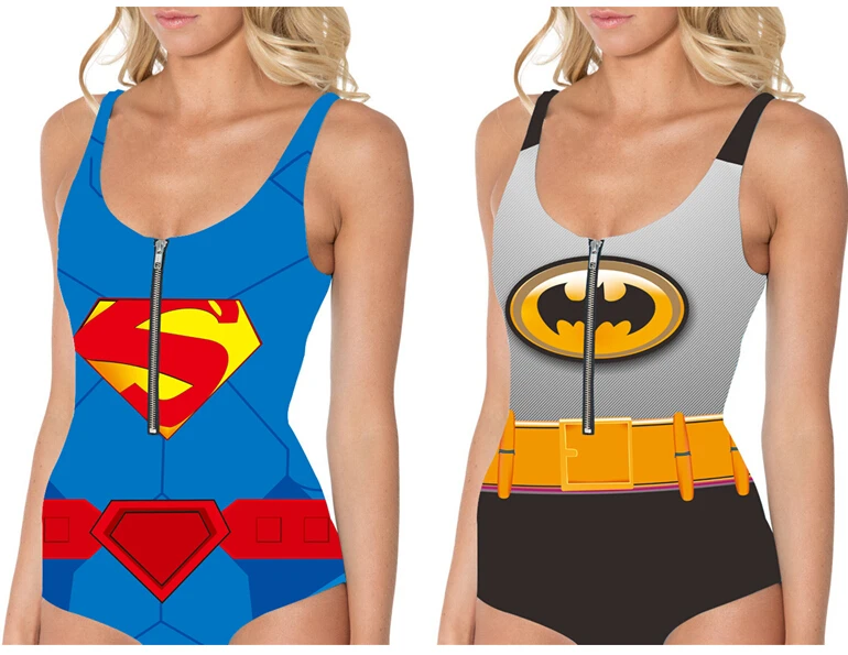 

Women BATMAN Beachwear SUPERMAN Bikini Dress With Zipper One Piece Super Hero Swimsuit BAT MAN Woman Bathing Suit LNSkd
