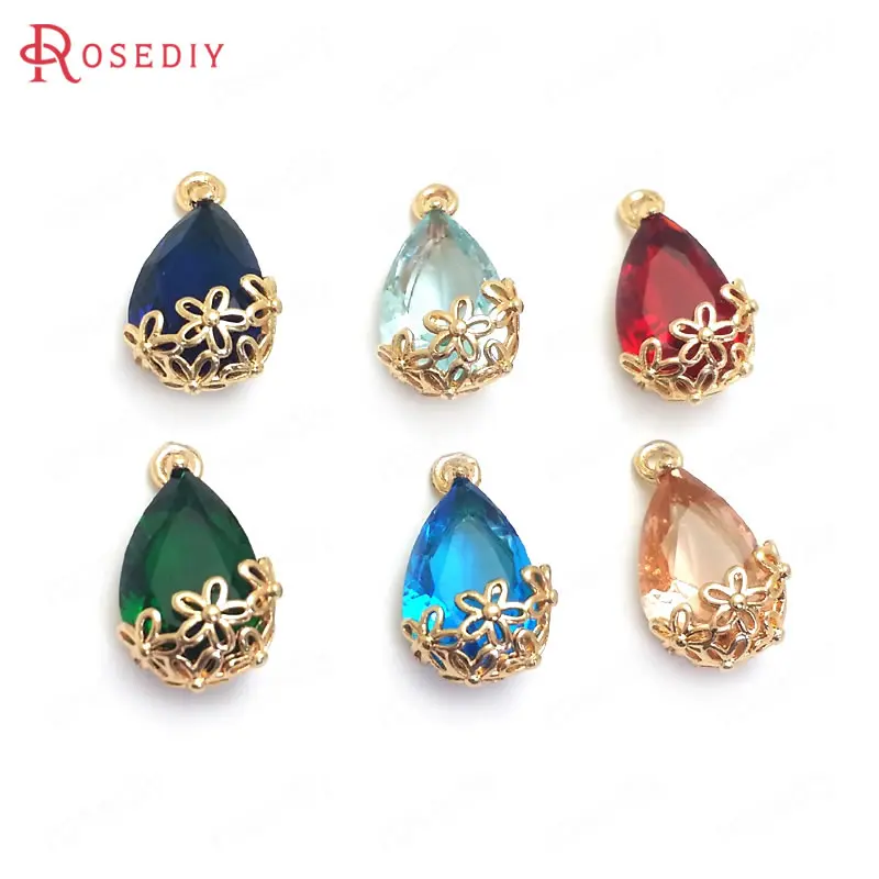 

10PCS 10x16MM 24K Champagne Gold Color Brass and Glass with Flower Drop Shape Charms Pendants Diy Jewelry Findings Accessories