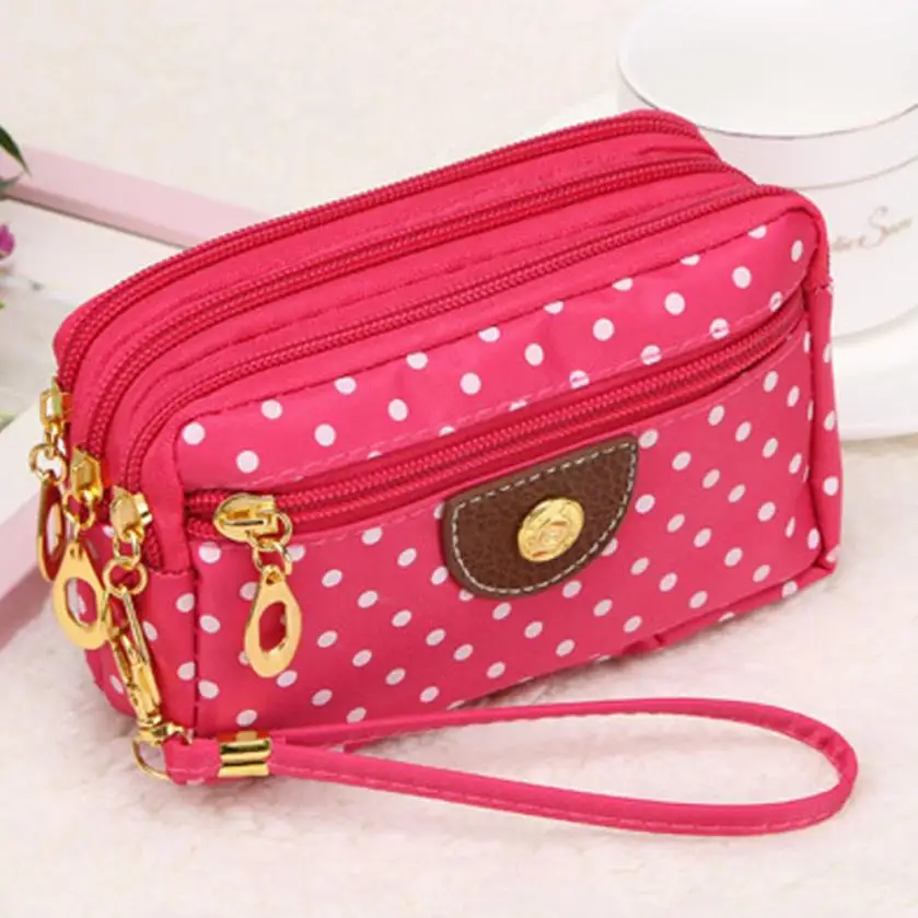 Модная женская Парусиновая Сумка-клатч с принтом в горошек, женская сумка-клатч, несколько слоев, волнистая молния, кошелек для монет, кошелек для девочек, bolsos mujer - Цвет: Hot Pink