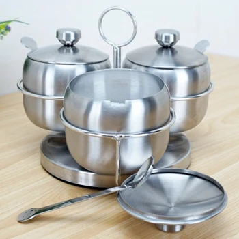 

3pcs/Set 304 Stainless Steel Seasoning Pot Set Spice Jar Storage Container Salt Sugar Pepper Storage Box Case with Cover