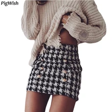 Модная дизайнерская юбка для подиума, женские металлические пуговицы с изображением Льва, твидовые мини-короткие юбки в клетку