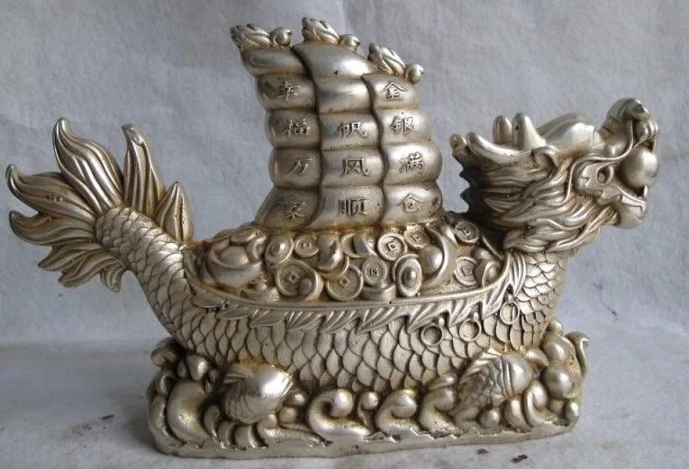 

6655<<Royal Palace White Copper Silver Feng Shui Lucky Money wealth sail boat statue