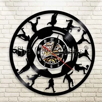 

1Piece Football Players Silhouette Wall Clock Soccer Kicking Ball Vinyl Record Vintage LP Clock Sports Room Wall Decor