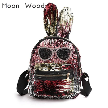 

Moon Wood Shiny Mini Sequins Backpack With Embroidery Glasses Cute Rabbit Ears Shoulder Bag For Women Girls Travel Bag Bling