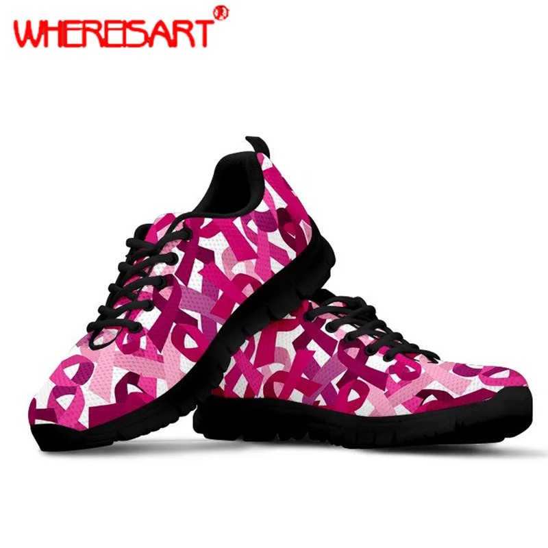 

WHEREISART Women Breast Cancer Awareness Printing Sneakers for Females Pink Design Flat Shoes Ladies Lace-up Mesh Flats Zapatos