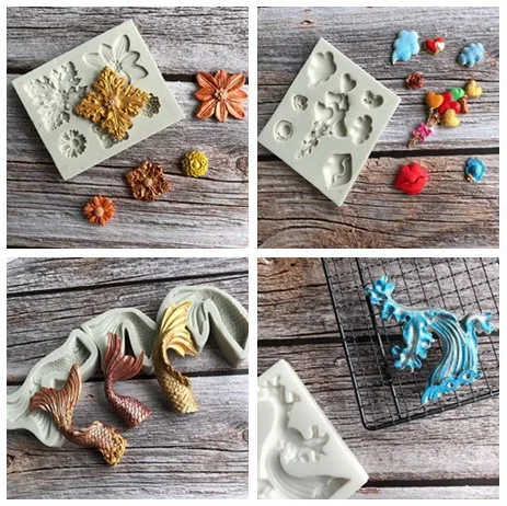 1pc DIY Fondant Cake Mold Mermaid Tail/Waves/Balloon Clouds Lips/Retro Flowers/Animal/Bow Theme Bakeware Silicone Mold