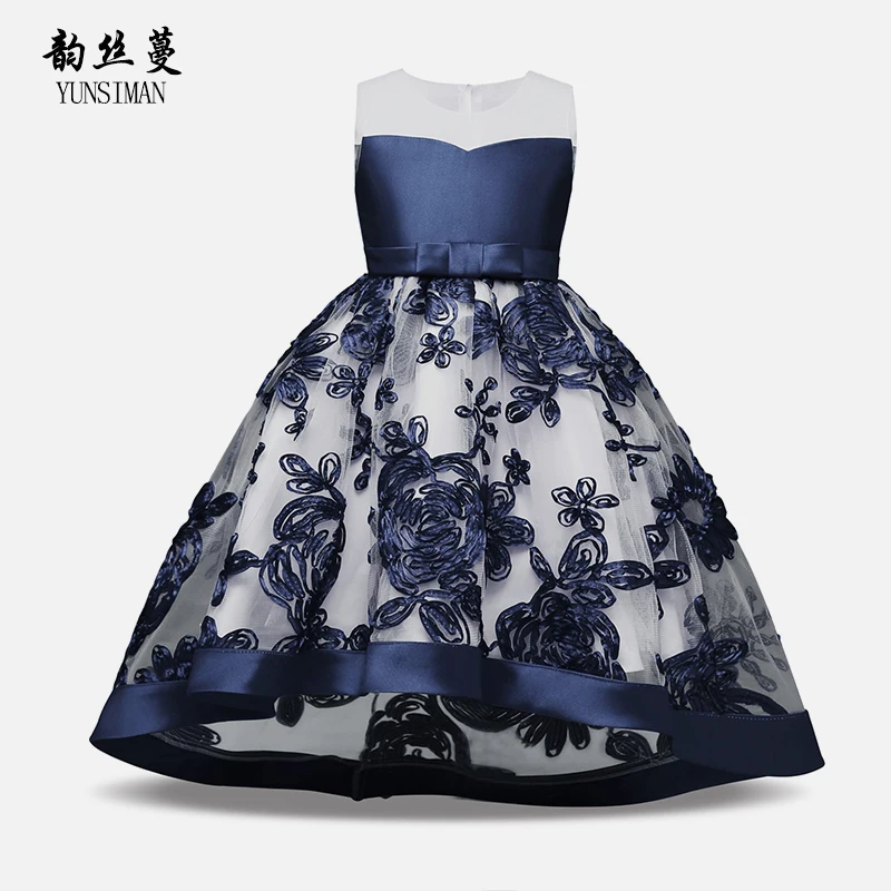

Brand Girls Dress 3 4 5 6 8 to 10 Years O-neck Blue Floral Embroidery Tailing Dresses Kids Vintage Party Frocks for Girls 2A51A