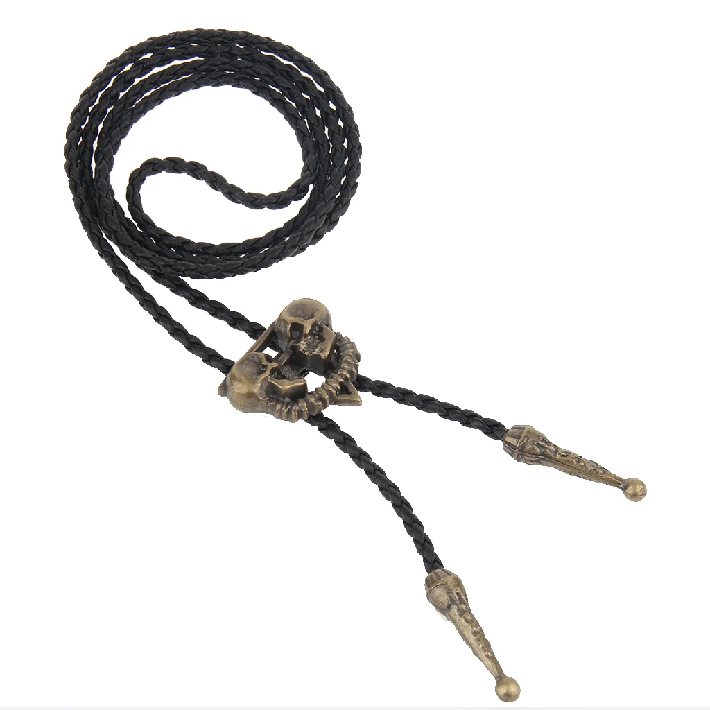 Western Cowboy American Skull Head Bolo Bola Tie Long Leather Necklace Men's Dancewear Accessories