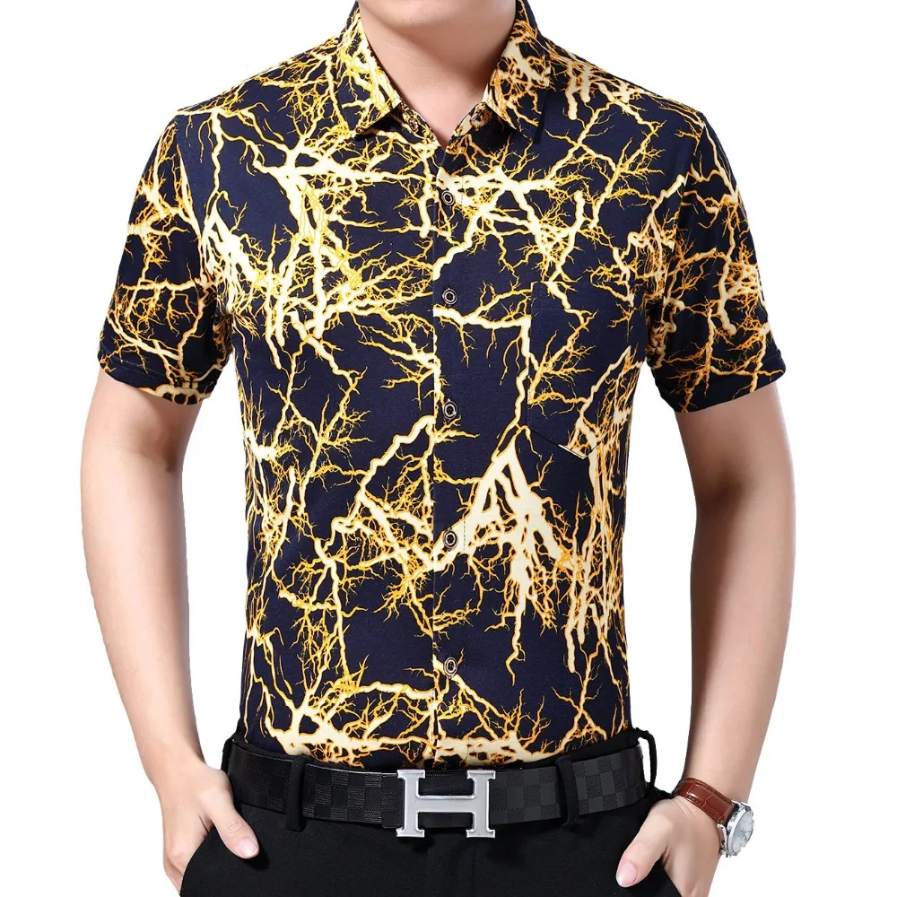 

Fashion Men Floral Shirts Summer Short Sleeve Turn Down Collar Tops Man Yellow Red Print Blouse Male Slim Fit Shirt 2019 New