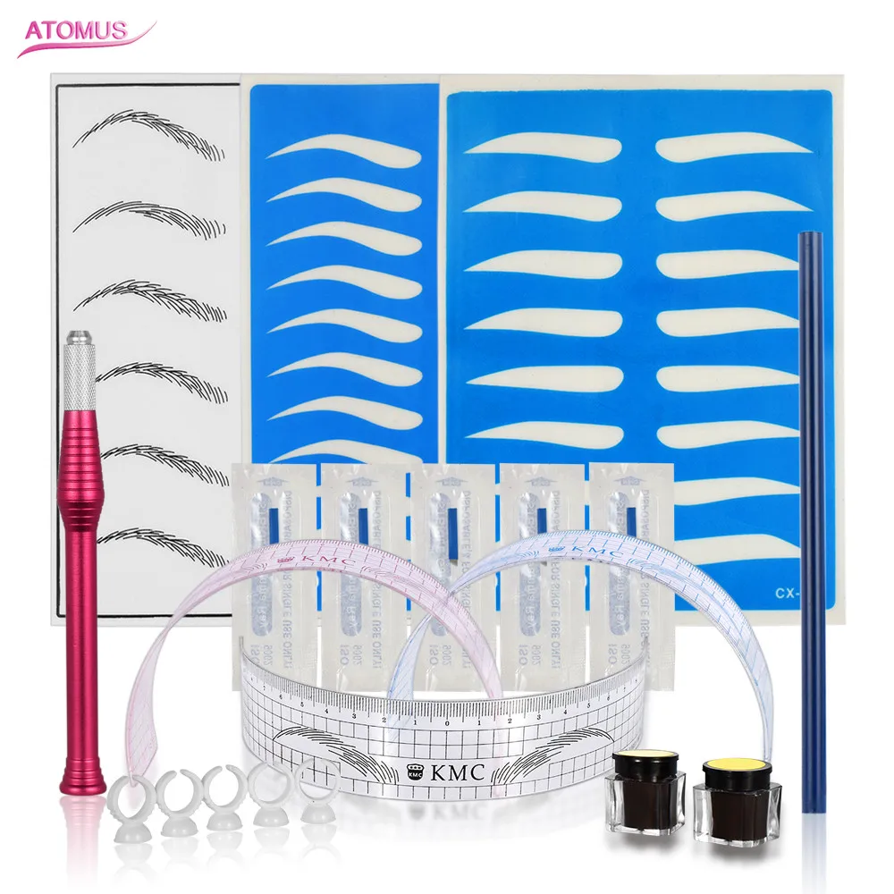 

One Kit Eyebrow Fashion Microblading Pen Kit Eyebrow Tattoo Machine Permanent Makeup Needles With Ruller Eye Brow Practice Skin