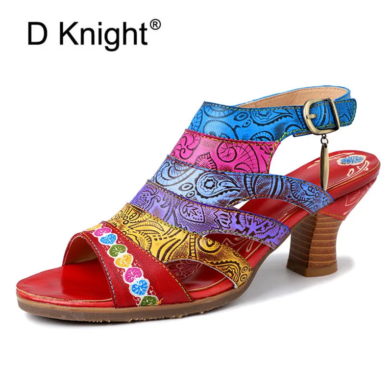 

Bohemian Handmade Women Sandals Color Stripes Ladies High Heels Shoes Sandals Genuine Leather Bridal Wedding Shoes Sandals Woman
