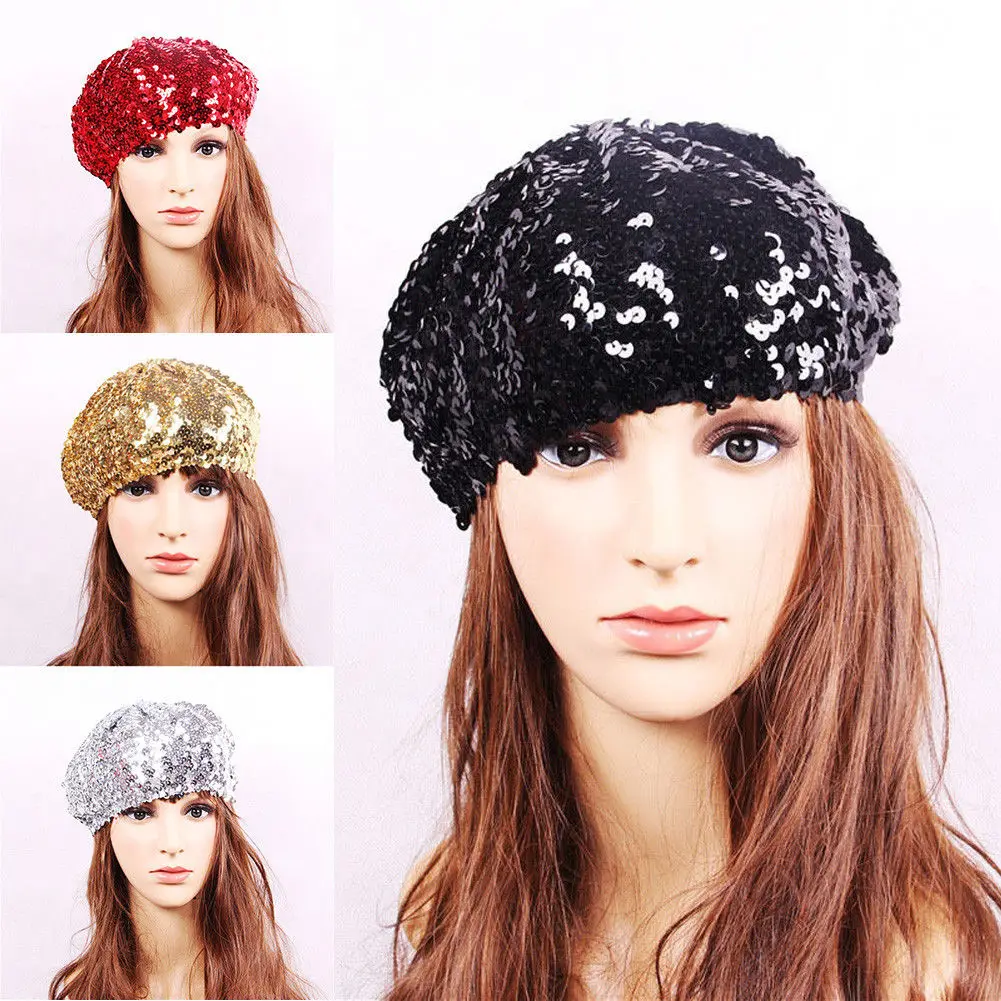 Women Bling Stretch Metallic Shining Sequin French Beret Hat Beanie Clubwear CapWomen's Berets