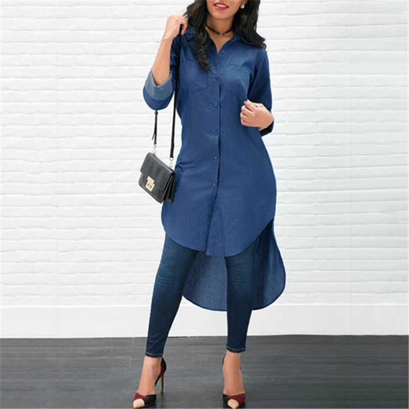 

Spring Women Long Sleeve Blouse Short lapels Long ladies long Denim Shirt Solid color button ladies Top Female Blouse