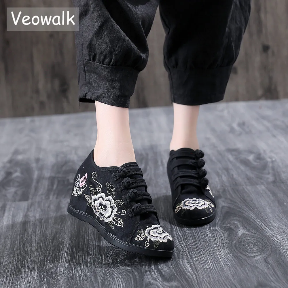Veowalk Скрытая повышенная Платформа женские вышитые парусиновые кроссовки, ретро женские удобные криперы китайская обувь с вышивкой