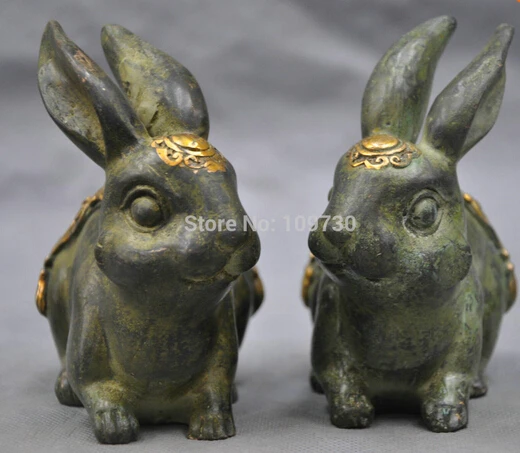 

0 5'' Chinese Fengshui Bronze rabbit Lucky Statue Pair