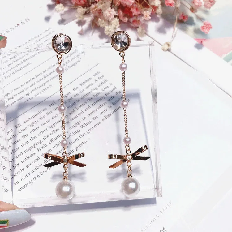 bow pearl long earring 925 silver post Hypoallergenic fadeless alloy fashion jewelry stud earrings for women girl Christmas gift