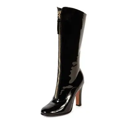 

Spring and autumn woman black bright surface chunky high heel half boots Ladies round toe super high heel short boots