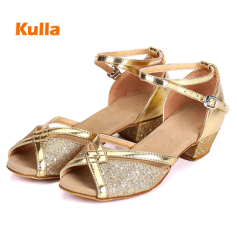 Kids Latin Dance Shoes Women Ballroom Tango Latin Salsa Dancing Shoes Children's Girl's Silver Gold Sequin Low Heels Dance Shoes