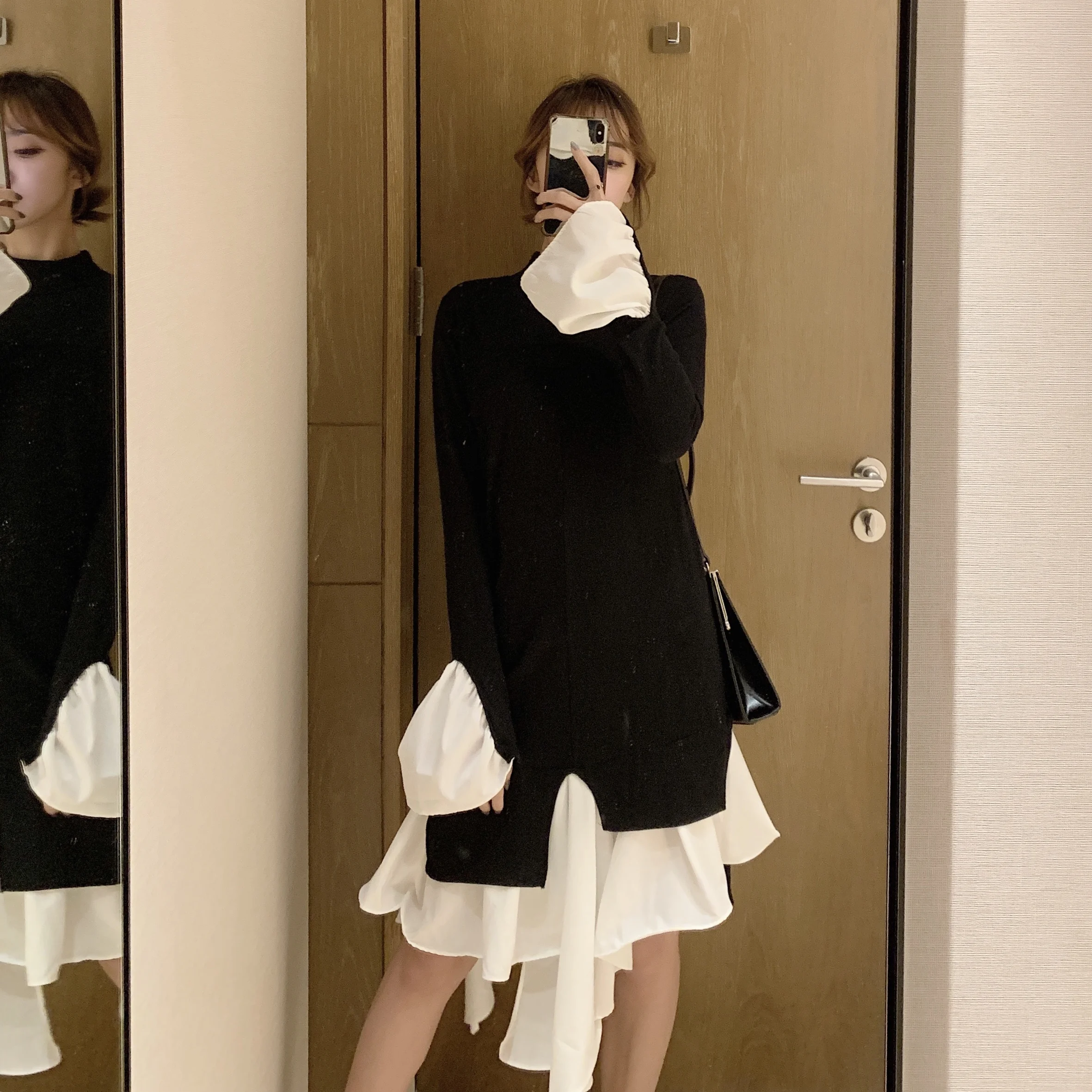 

2019 Korean Sping and Summer Elegant Women Dress Retro Irregular Fishtail Dresses Asymmetrical Patchwork Knee-Length