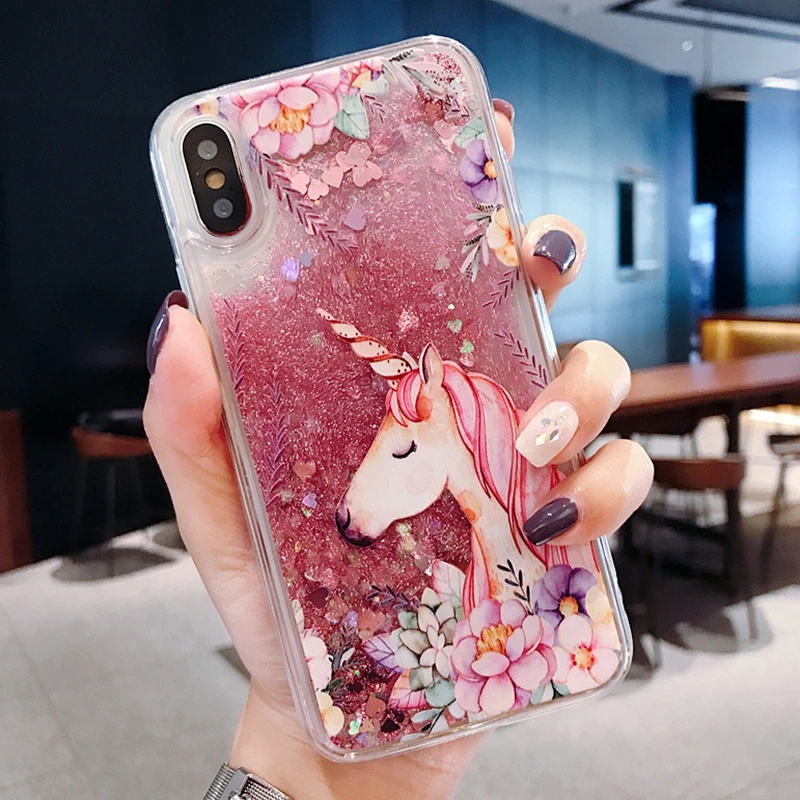 For iPhone 7 Case Silicone Crystal Quicksand Case For iPhone XS Max X XR Unicorn Liquid Case For iPhone 6 S 6S 7 8 Plus 5 5S SE