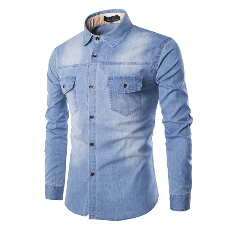 Рубашка мужская джинсовая с длинным рукавом х/б однотонная|chemise homme|casual chemisemale