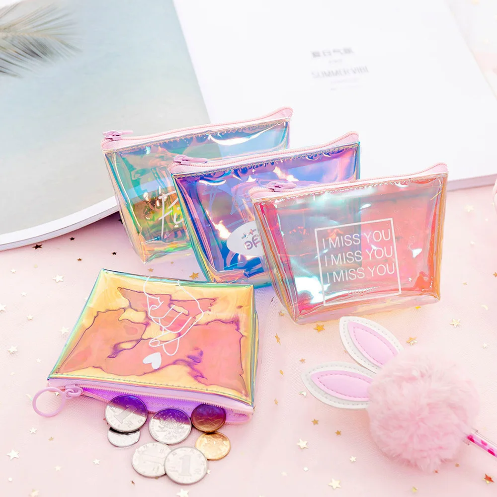 Letter Print Laser Small Bag Holographic Women PVC Coin Purses Fashion Clear Jelly Handbag Girls Coin Card Holder For Kids Purse