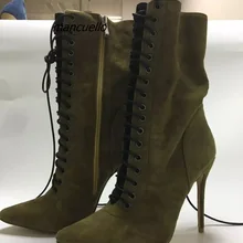 Гламурные темно-зеленые Замшевые полусапожки с перекрестными ремешками пикантные остроконечные туфли на каблуке-шпильке Ботильоны на шнуровке шикарная обувь Лидер продаж