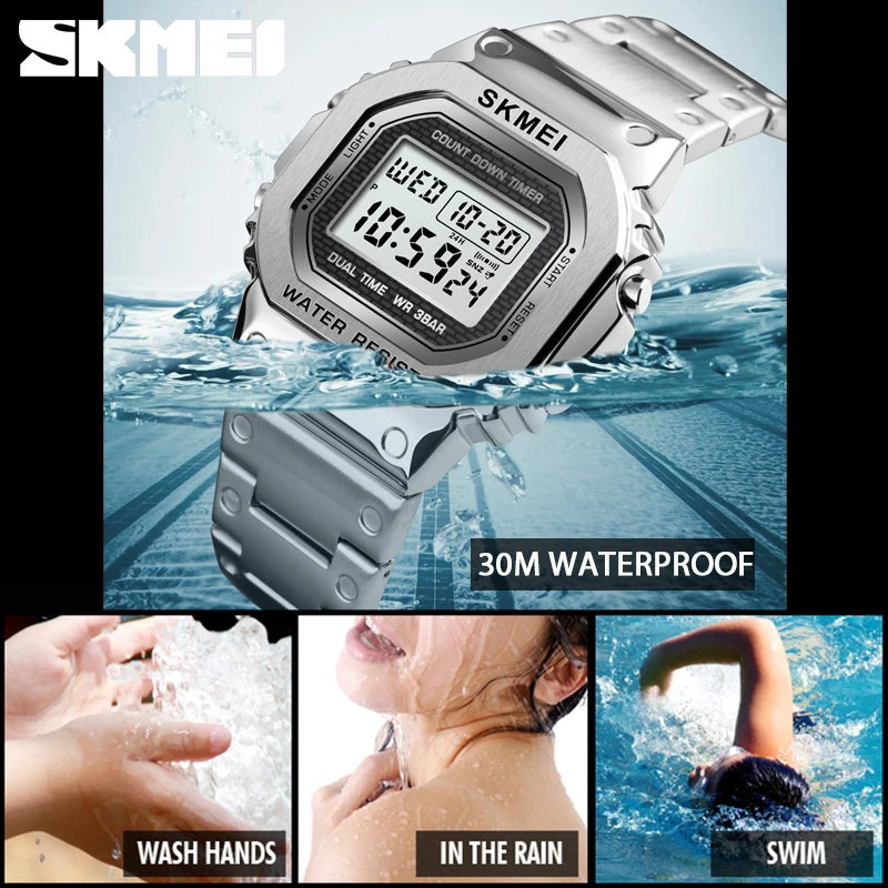 SKMEI 2019 NEW Men's G-Style Digital Watches Luxury Stainless Steel Square Electronic Wristwatches Womens Shock LED Sprots Watch