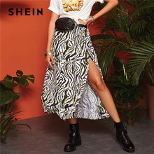 SHEIN Boho, разноцветные, с разрезом, до бедра, с принтом зебры, трапециевидные юбки, Женская Весенняя, средняя талия,, повседневная, для отдыха, сексуальная, расклешенная, длинная юбка