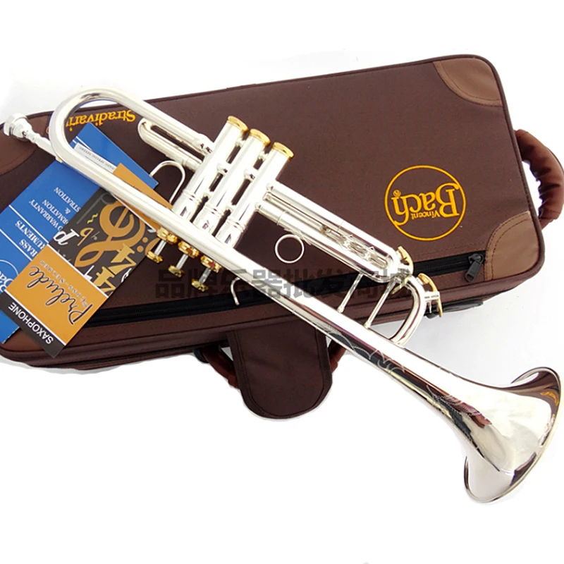 

Bach Bb Trumpet TR-197GS Silver Plated Gold Keys Music Instruments Profesional Trumpets Included Case Mouthpiece Accessories