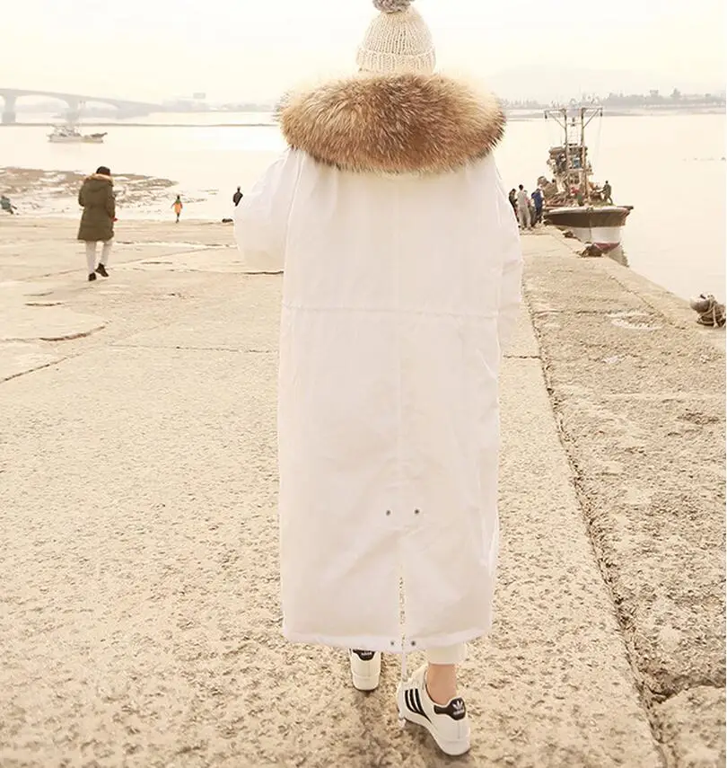 Зимнее женское пальто с большим меховым воротником, длинная куртка с капюшоном, утепленная Корейская стеганая парка, негабаритная Военная парка FC276