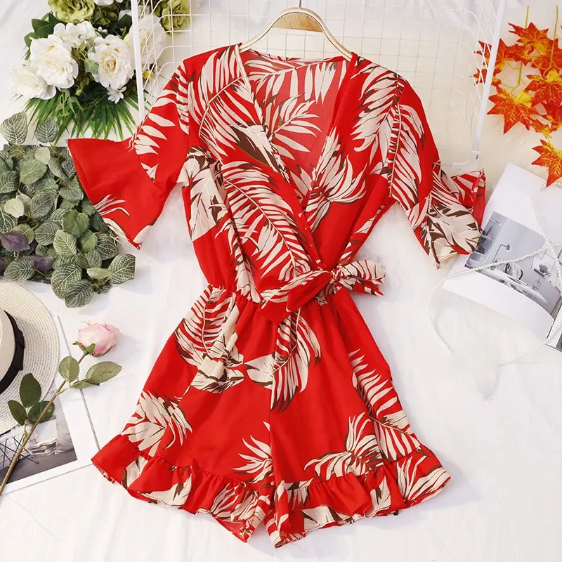 Deep V Neck Summer Bodysuits Women Green Leaves Print Beach Playsuit Sashes Female Short Overalls Boho Jumpsuit Deep V Neck Summer Bodysuits Women Green Leaves Print Beach Playsuit Sashes Female Short Overalls Boho Jumpsuit