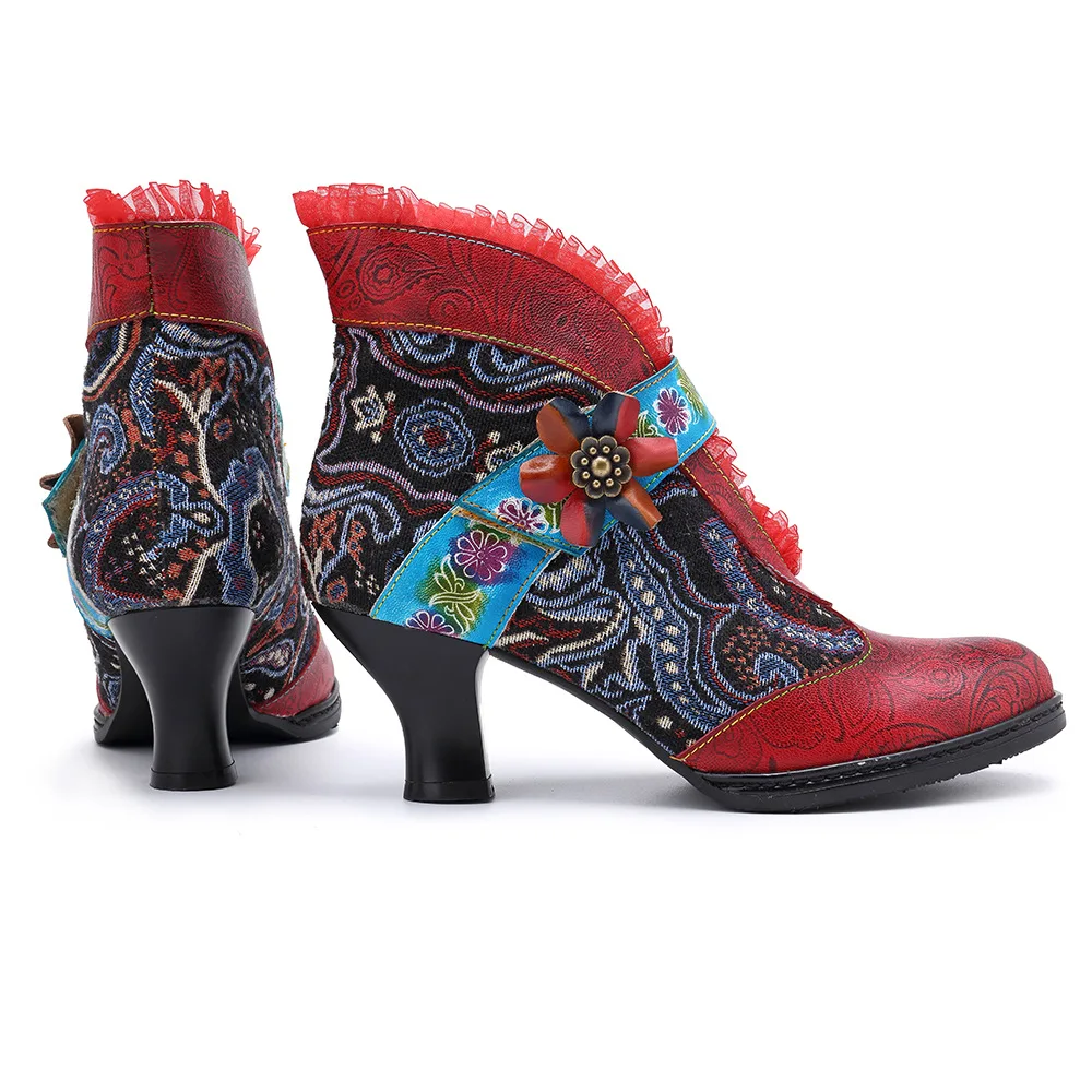 Genuine Leather Splicing Retro Ankle Boots For Women Shoes Woman Patchwork Lace D Knight Boots Block Heels Embroidy Botas Shoes (8)