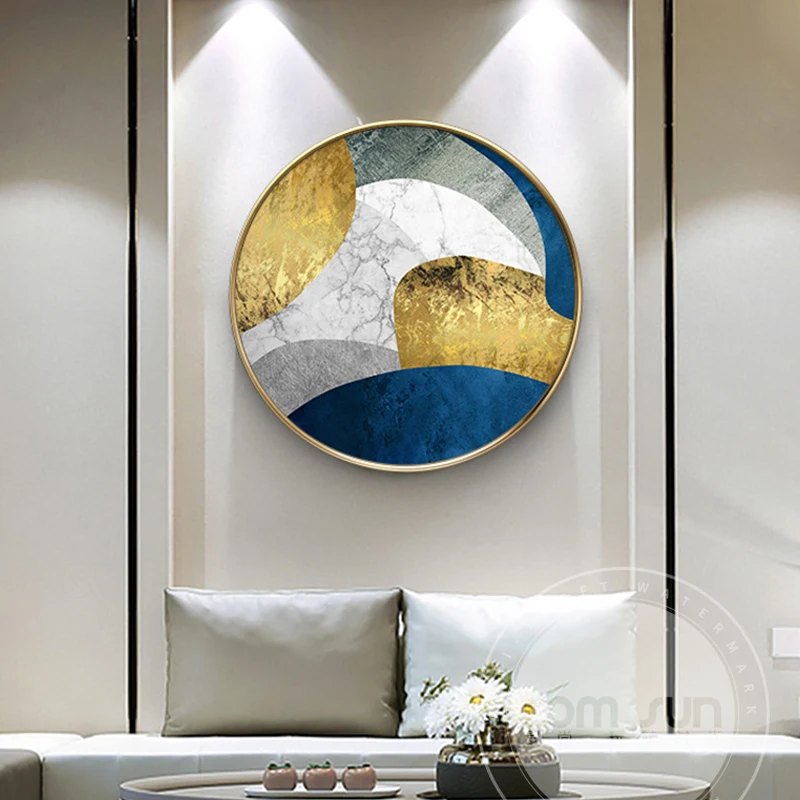 Скандинавском стиле синий n Золотой блок живопись круг плакат печать моды стены искусства Куадрос для гостиной спальни уникальный домашний декор