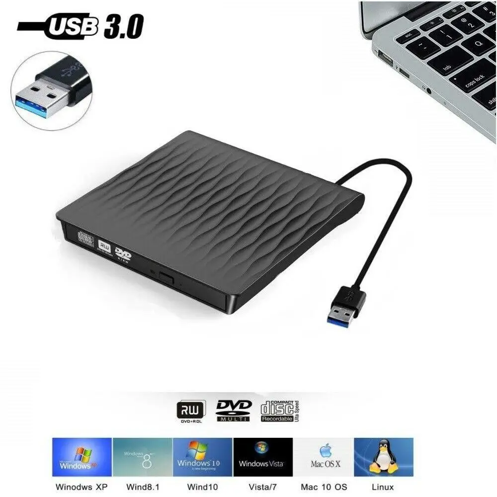

External USB3.0 DVD RW CD Writer Slim Optical Drive Burner Reader Player Tray Type Portable For PC Laptop r20