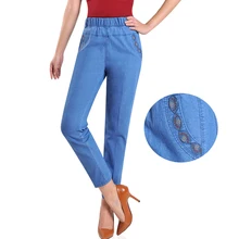 Винтаж цветочный Джинсы с вышивкой Для женщин летние Повседневное тонкий прямой с высокой талией джинсы синие джинсовые штаны плюс Размеры 5XL