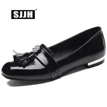 Sjjh женские лоферы Туфли без каблуков с квадратный носок, с бахромой, с украшениями в виде кристаллов; милая однотонная удобная обувь Повседневное формальная рабочая обувь большого Размеры A384