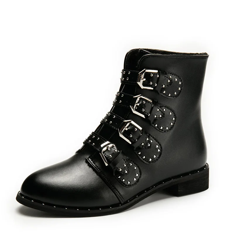 

Brand Design Ladies Metal Buckle Motorcycle Ankle Chelsea Boots Size 35-43 Women's Pointed Toe Buckle Rivets Martin Boots Shoes