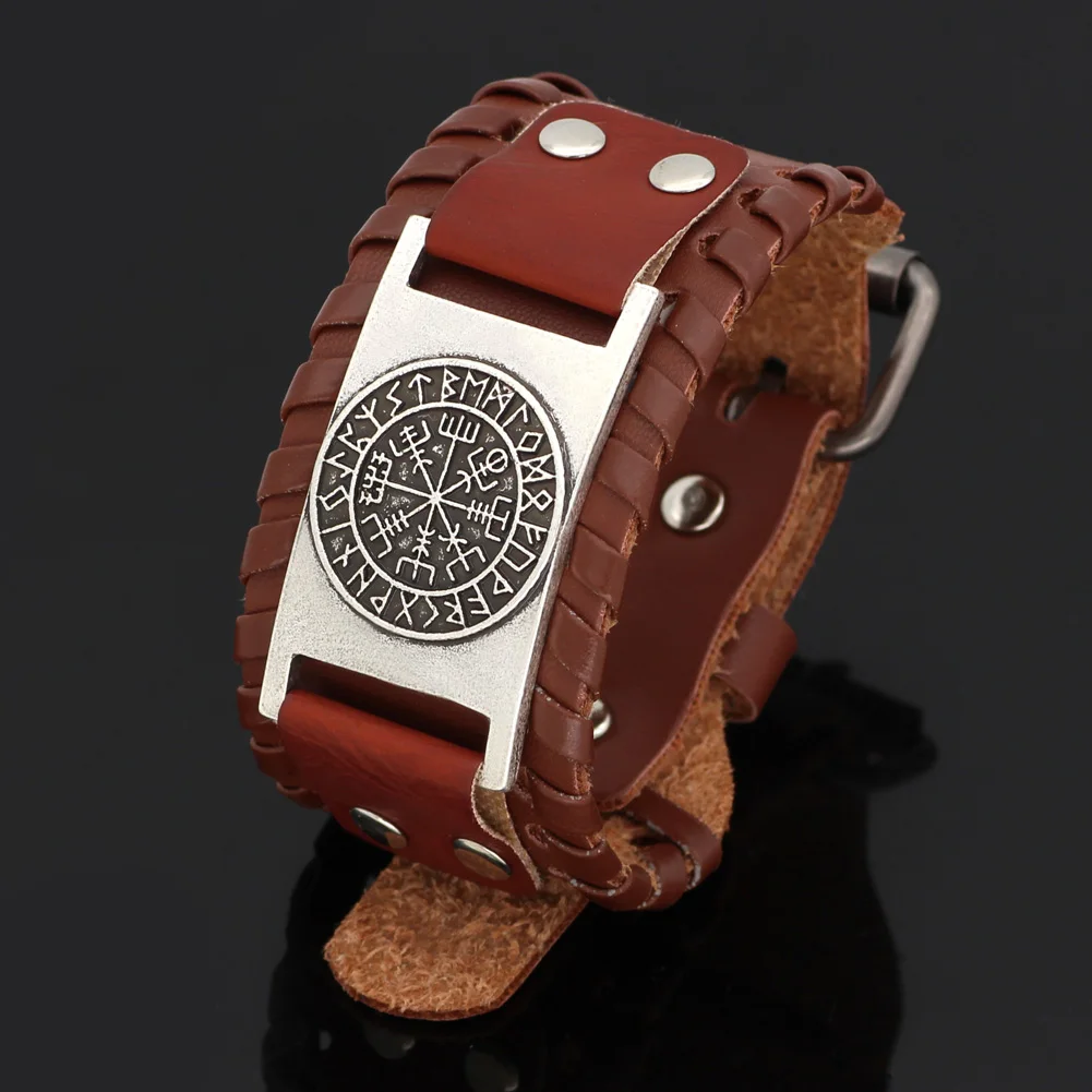 Nodic viking Vegvisir компас кожаный амулет символ Одина браслет-регулируемый размер 19-25 см