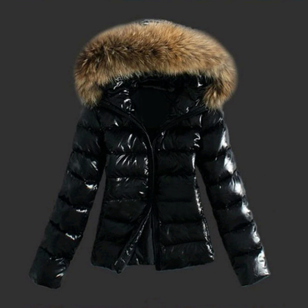 Новинка, Женская куртка из искусственной кожи, зимняя теплая верхняя одежда, меховой воротник, капюшон, длинный рукав, на молнии, Толстая куртка, высокое качество, черное хлопковое пальто
