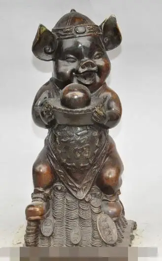

S5407 13"chinese fengshui bronze wealth yuanbao money zodiac happy pig Fuwa statue