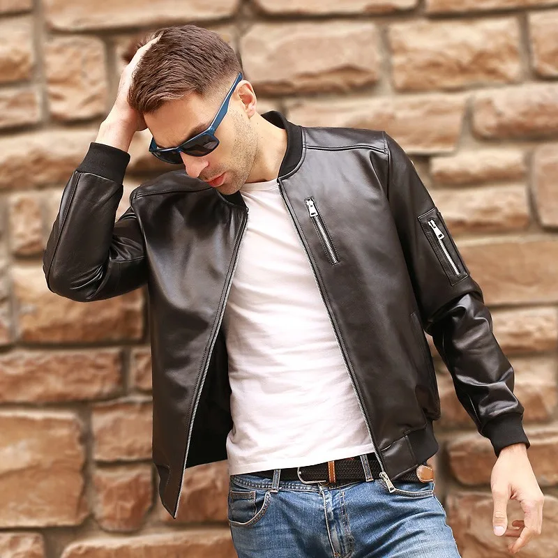 Black Luxury Aviation Genuine Leather Bomber Jacket Men Sheepskin Real Leather Flight Jacket Slim Pilot Coats Veste Cuir Homme